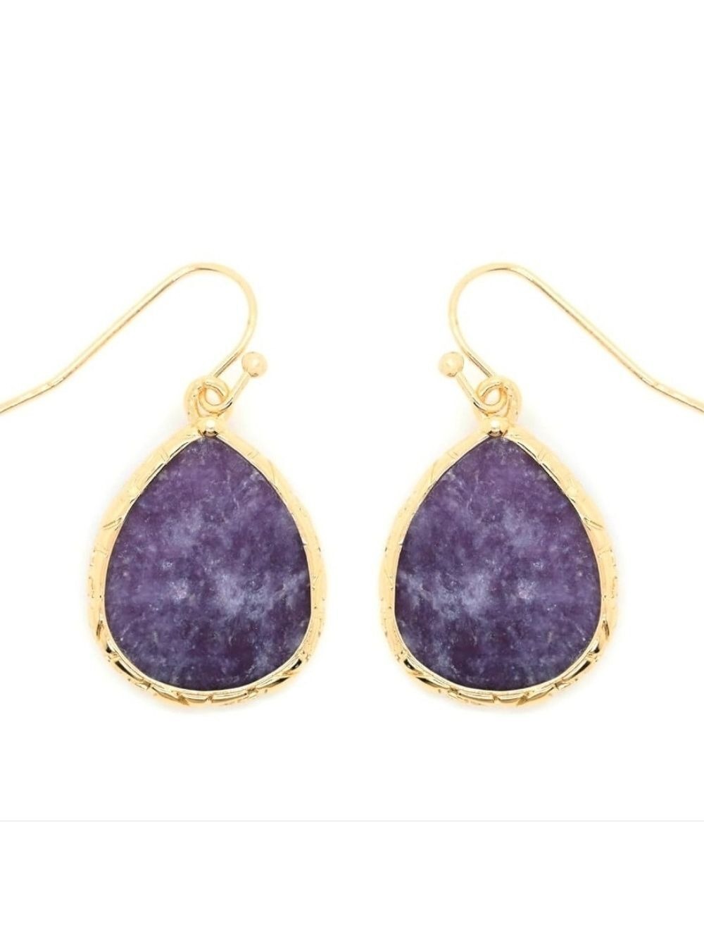 Gold and Purple Teardrop Earrings , Natural Stones And Gold Plated ,New No Tags